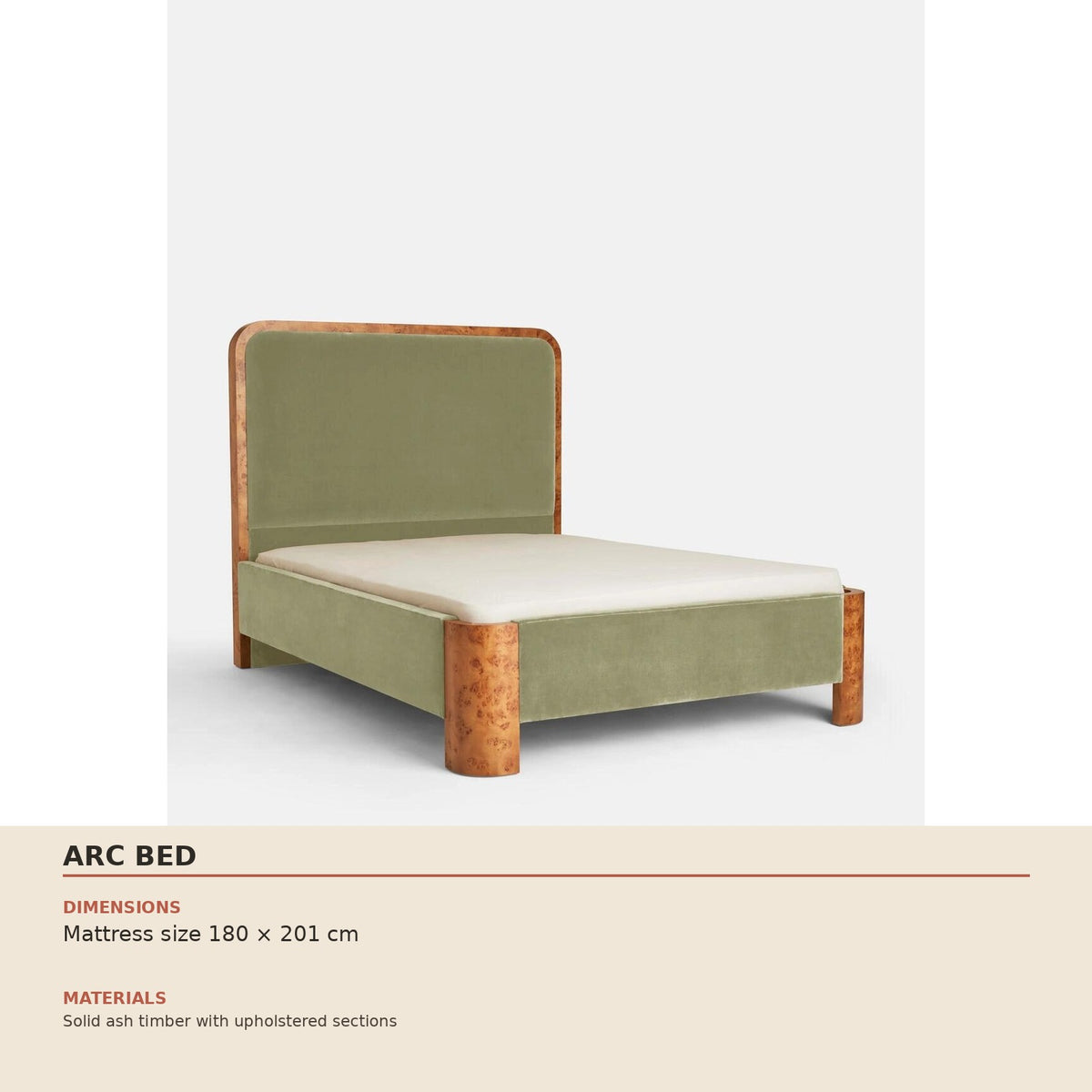 Arc Bed — technical dimensions (Mattress size 180 × 201 cm)