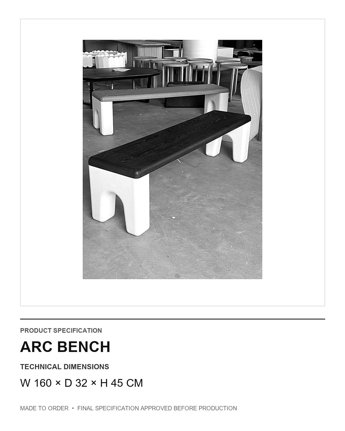 Arc Bench — technical dimensions — uniform technical card v1 (W 160 × D 32 × H 45 cm)
