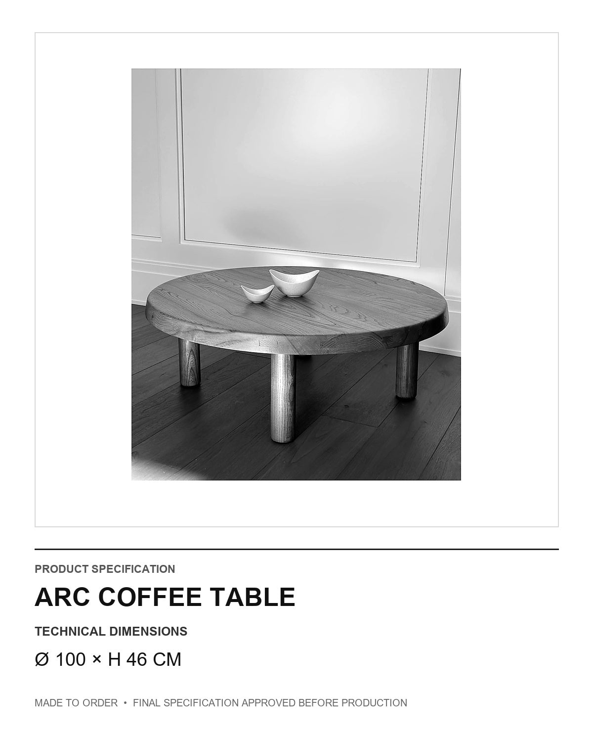 Arc Coffee Table — technical dimensions — uniform technical card v1 (Ø 100 × H 46 cm)