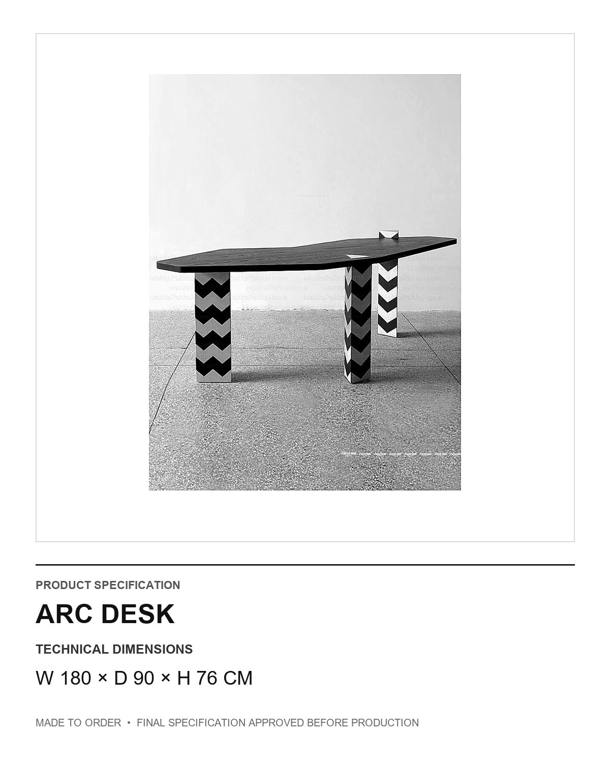 Arc Desk — technical dimensions — uniform technical card v1 (W 180 × D 90 × H 76 cm)