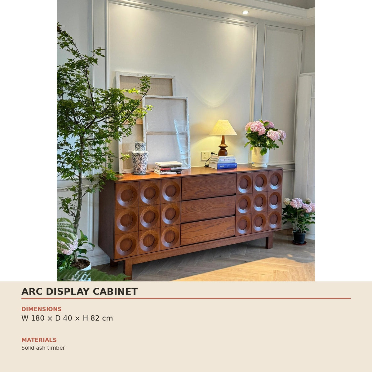 Arc Display Cabinet — technical dimensions (W 180 × D 40 × H 82 cm)