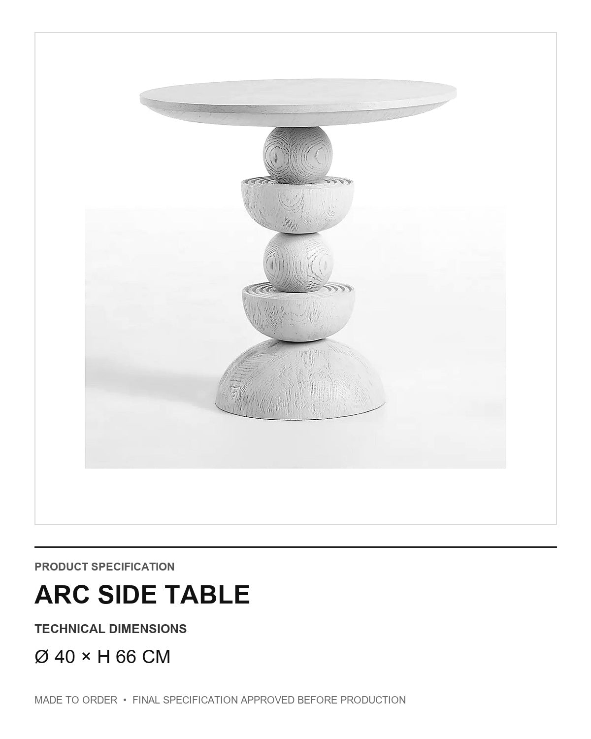 Arc Side Table — technical dimensions — uniform technical card v1 (Ø 40 × H 66 cm)