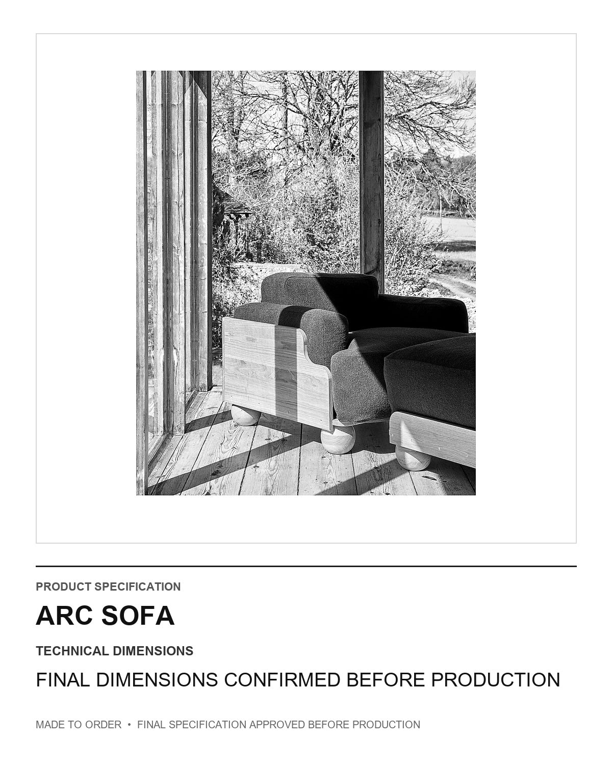 Arc Sofa — technical dimensions — uniform technical card v1 (Standard size — final dimensions confirmed before production)