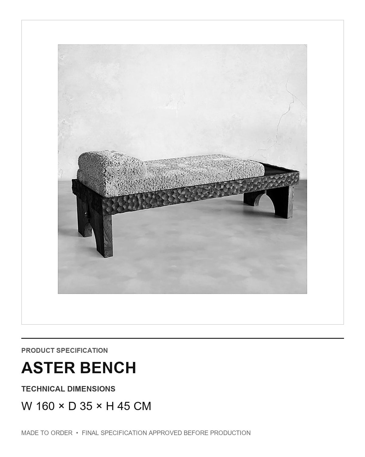 Aster Bench — technical dimensions — uniform technical card v1 (W 160 × D 35 × H 45 cm)