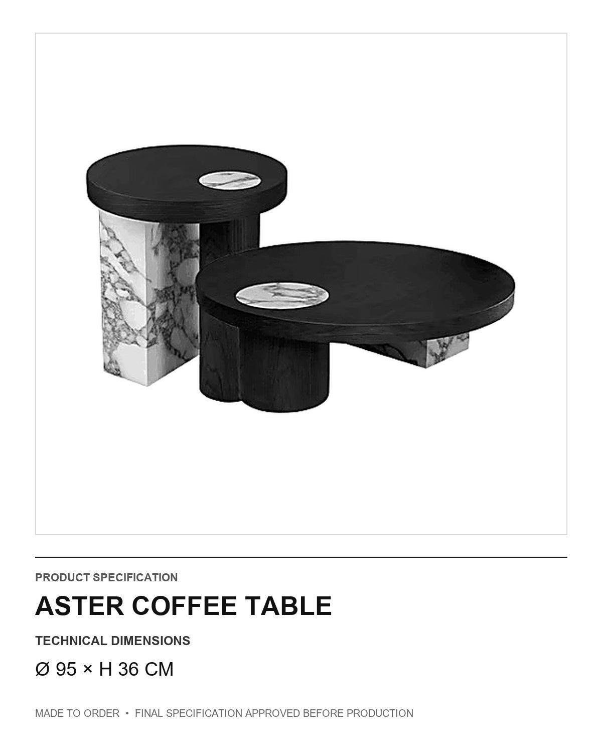 Aster Coffee Table — technical dimensions — uniform technical card v1 (Ø 95 × H 36 cm)