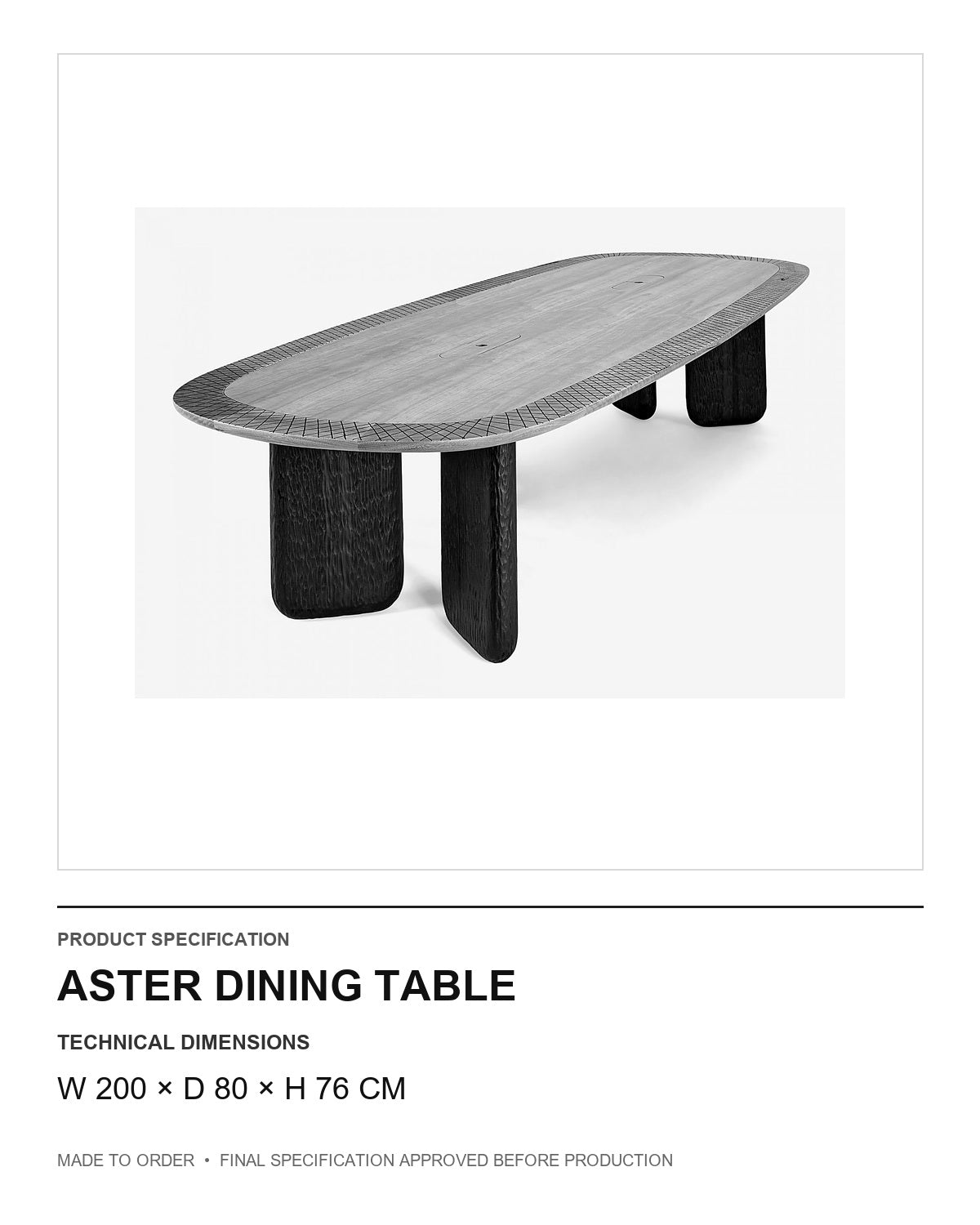 Aster Dining Table — technical dimensions — uniform technical card v1 (W 200 × D 80 × H 76 cm)
