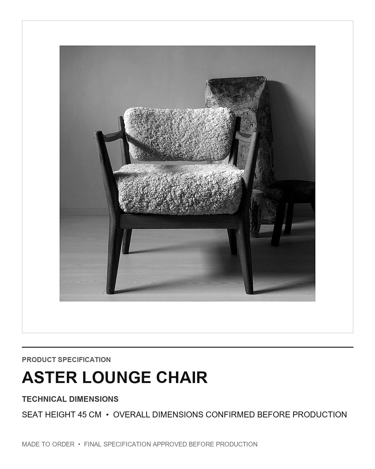 Aster Lounge Chair — technical dimensions — uniform technical card v1 (Standard size — seat height 45 cm; final overall dimensions confirmed before production)