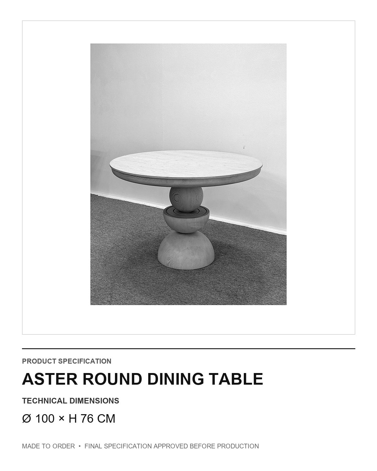 Aster Round Dining Table — technical dimensions — uniform technical card v1 (Ø 100 × H 76 cm)