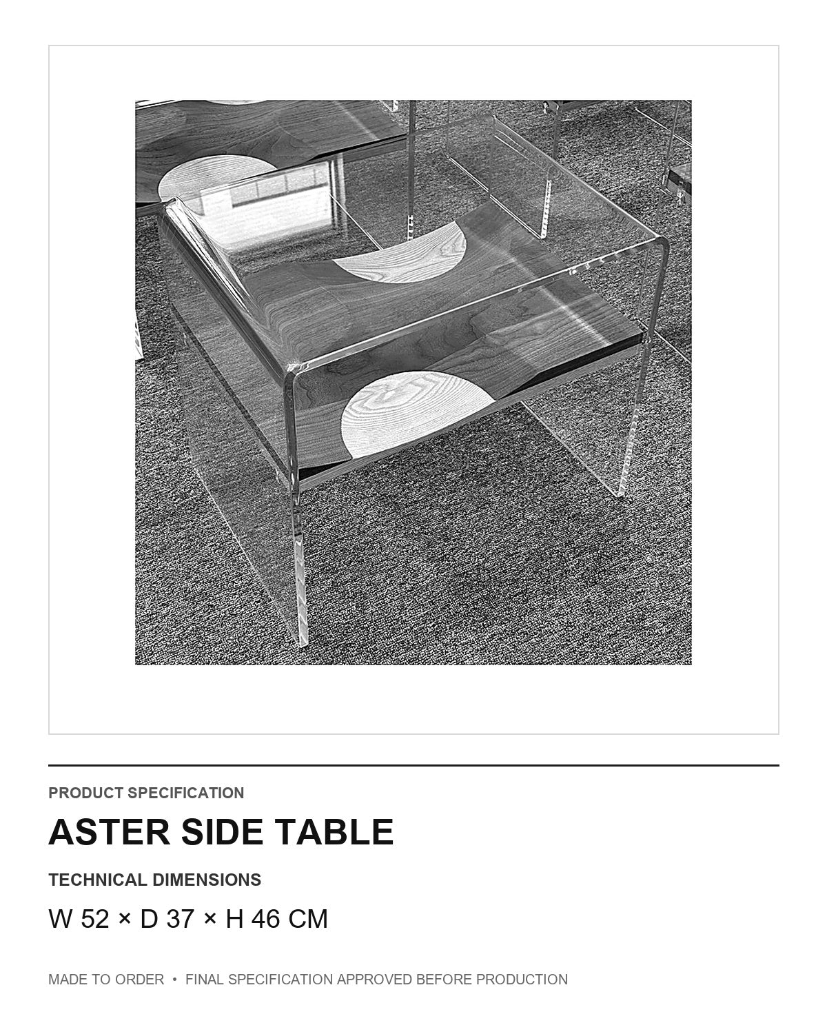 Aster Side Table — technical dimensions — uniform technical card v1 (W 52 × D 37 × H 46 cm)
