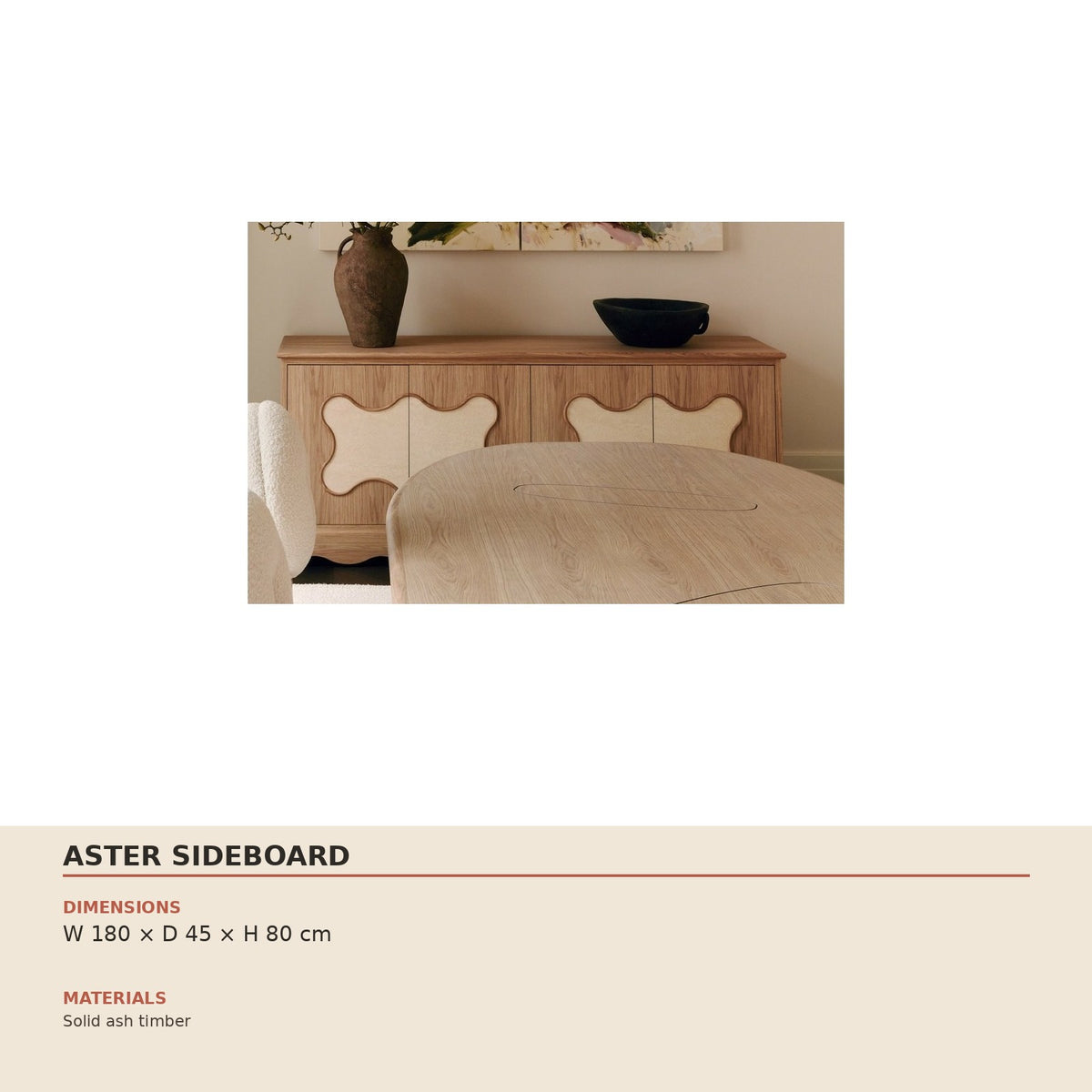 Aster Sideboard — technical dimensions (W 180 × D 45 × H 80 cm)