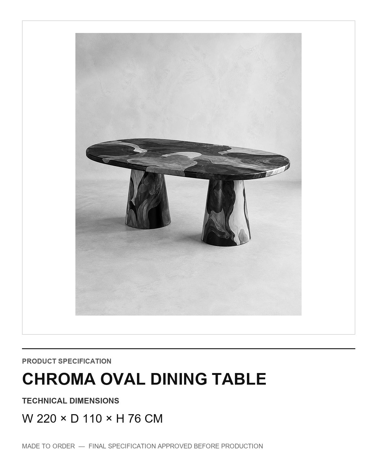 Chroma Oval Dining Table — technical dimensions (W 220 × D 110 × H 76 cm) — final image