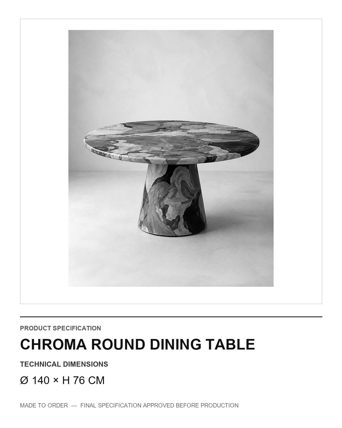 Chroma Round Dining Table — technical dimensions (Ø 140 × H 76 cm) — final image