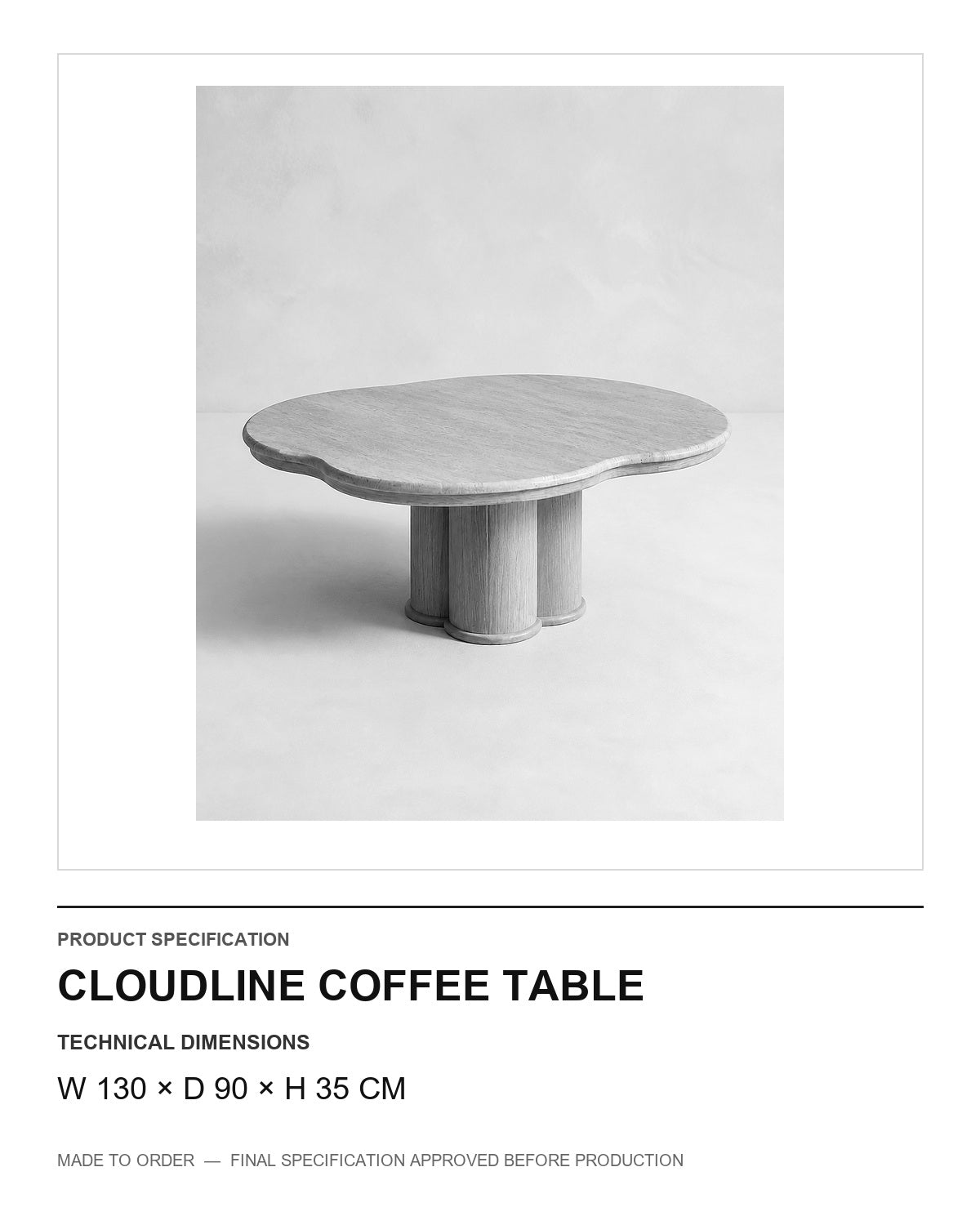 Cloudline Coffee Table — technical dimensions (W 130 × D 90 × H 35 cm) — final image