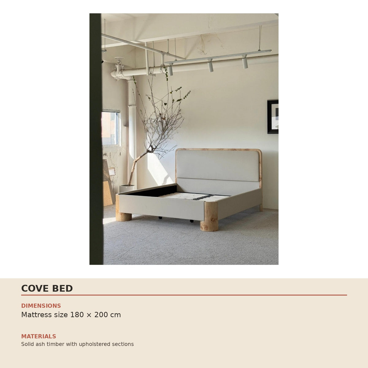 Cove Bed — technical dimensions (Mattress size 180 × 200 cm)