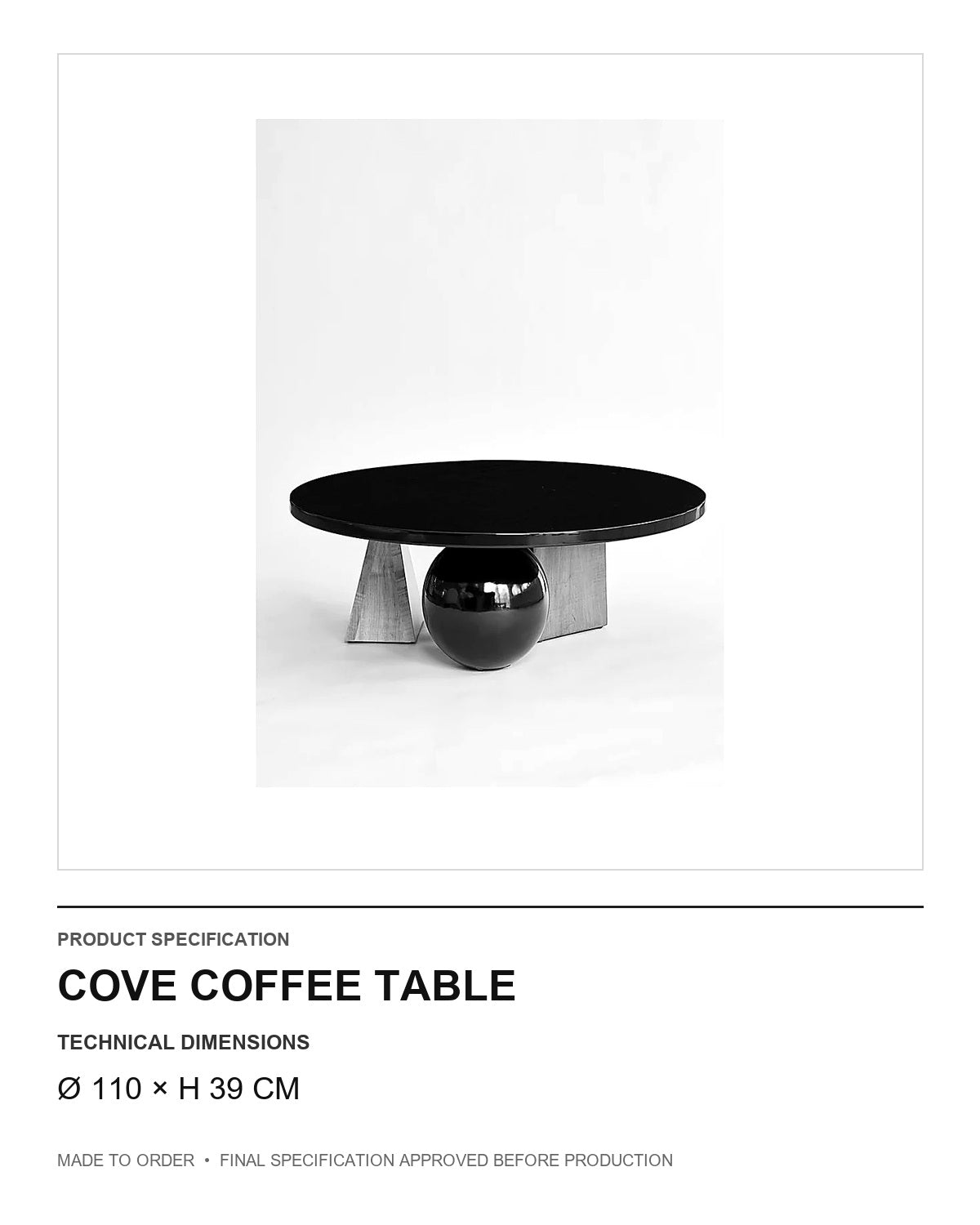 Cove Coffee Table — technical dimensions — uniform technical card v1 (Ø 110 × H 39 cm)
