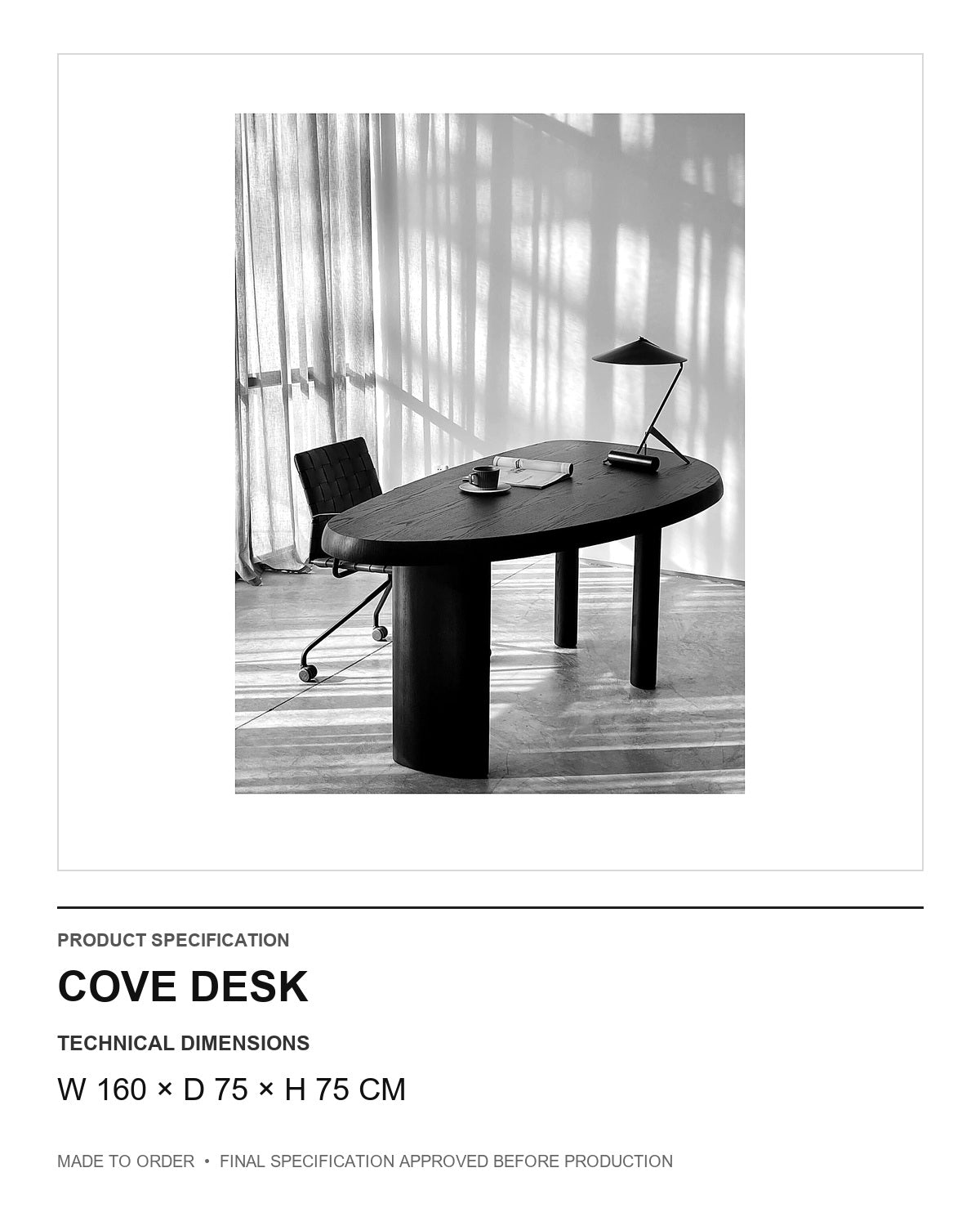 Cove Desk — technical dimensions — uniform technical card v1 (W 160 × D 75 × H 75 cm)