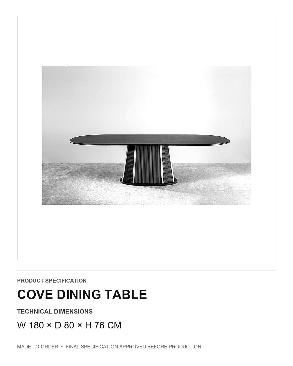 Cove Dining Table — technical dimensions — uniform technical card v1 (W 180 × D 80 × H 76 cm)