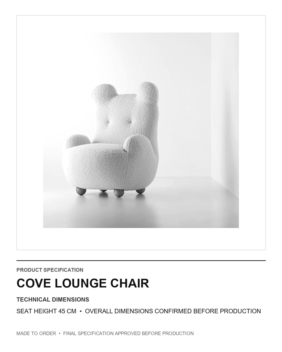 Cove Lounge Chair — technical dimensions — uniform technical card v1 (Standard size — seat height 45 cm; final overall dimensions confirmed before production)