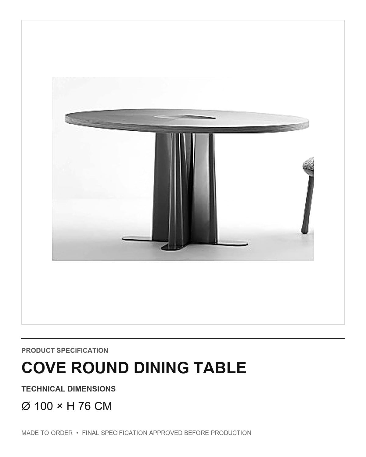 Cove Round Dining Table — technical dimensions — uniform technical card v1 (Ø 100 × H 76 cm)