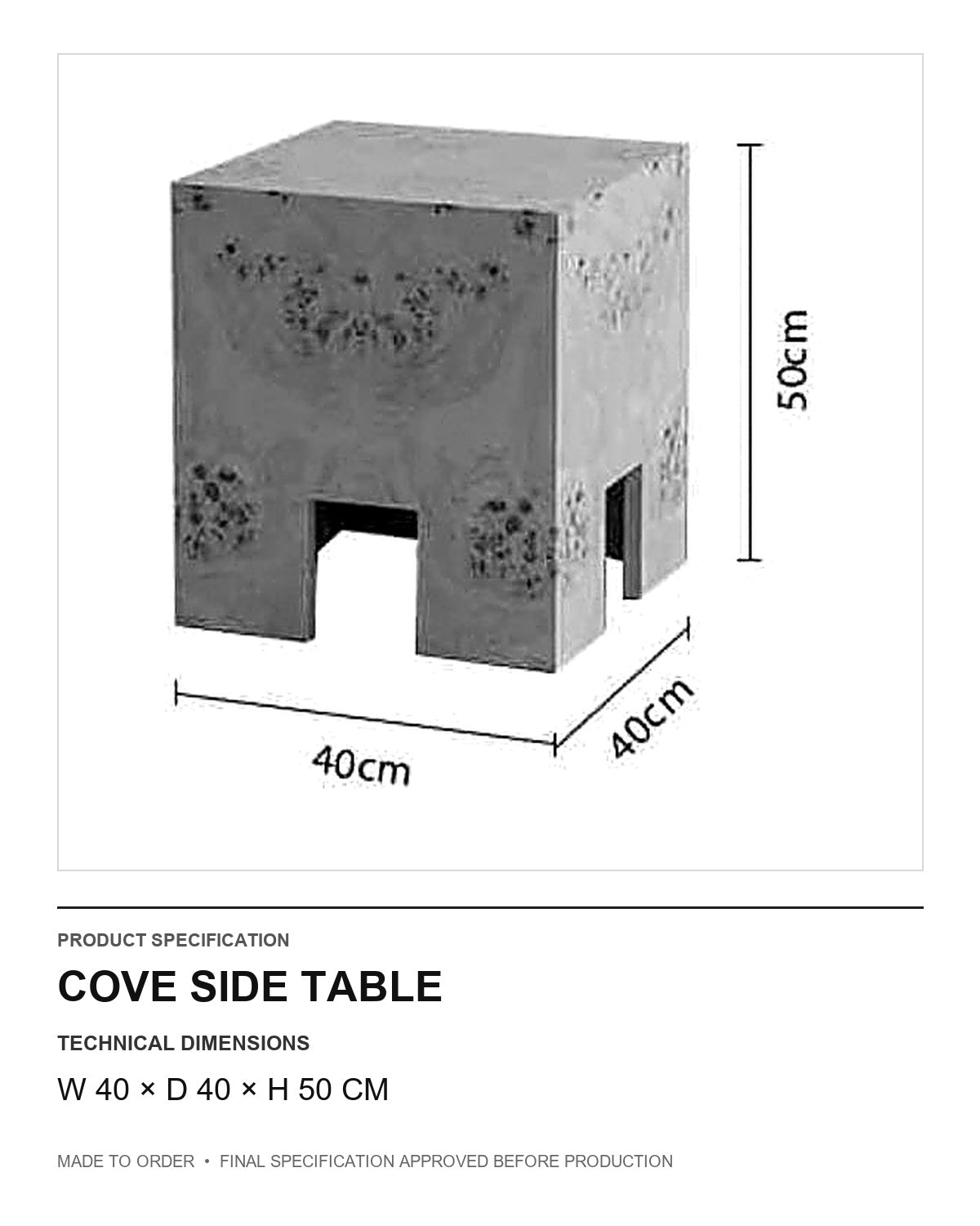 Cove Side Table — technical dimensions — uniform technical card v1 (W 40 × D 40 × H 50 cm)