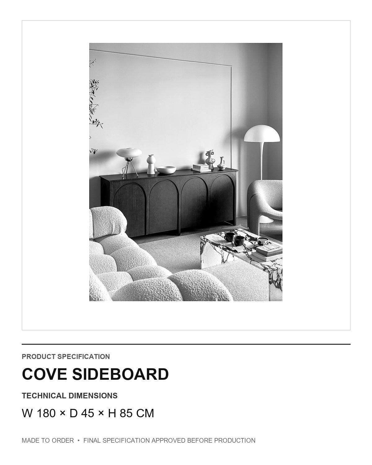 Cove Sideboard — technical dimensions — uniform technical card v1 (W 180 × D 45 × H 85 cm)
