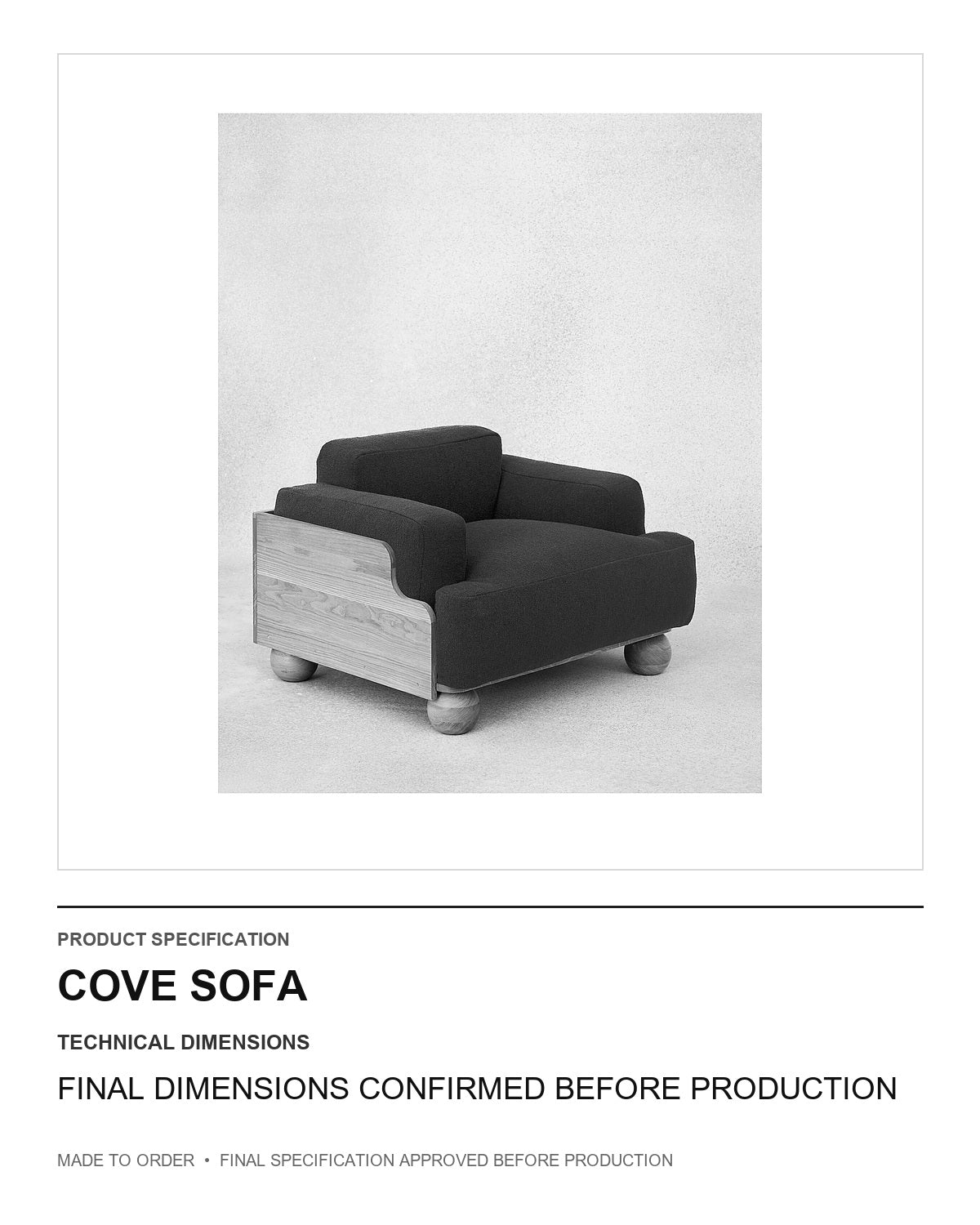 Cove Sofa — technical dimensions — uniform technical card v1 (Standard size — final dimensions confirmed before production)