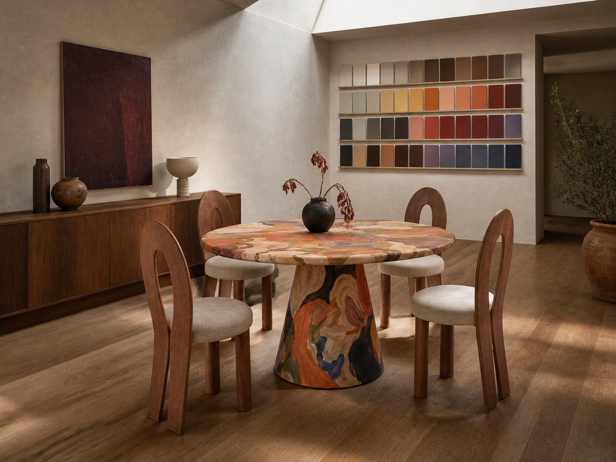 Chroma Round Dining Table and Orbit Dining Chairs in a colour studio