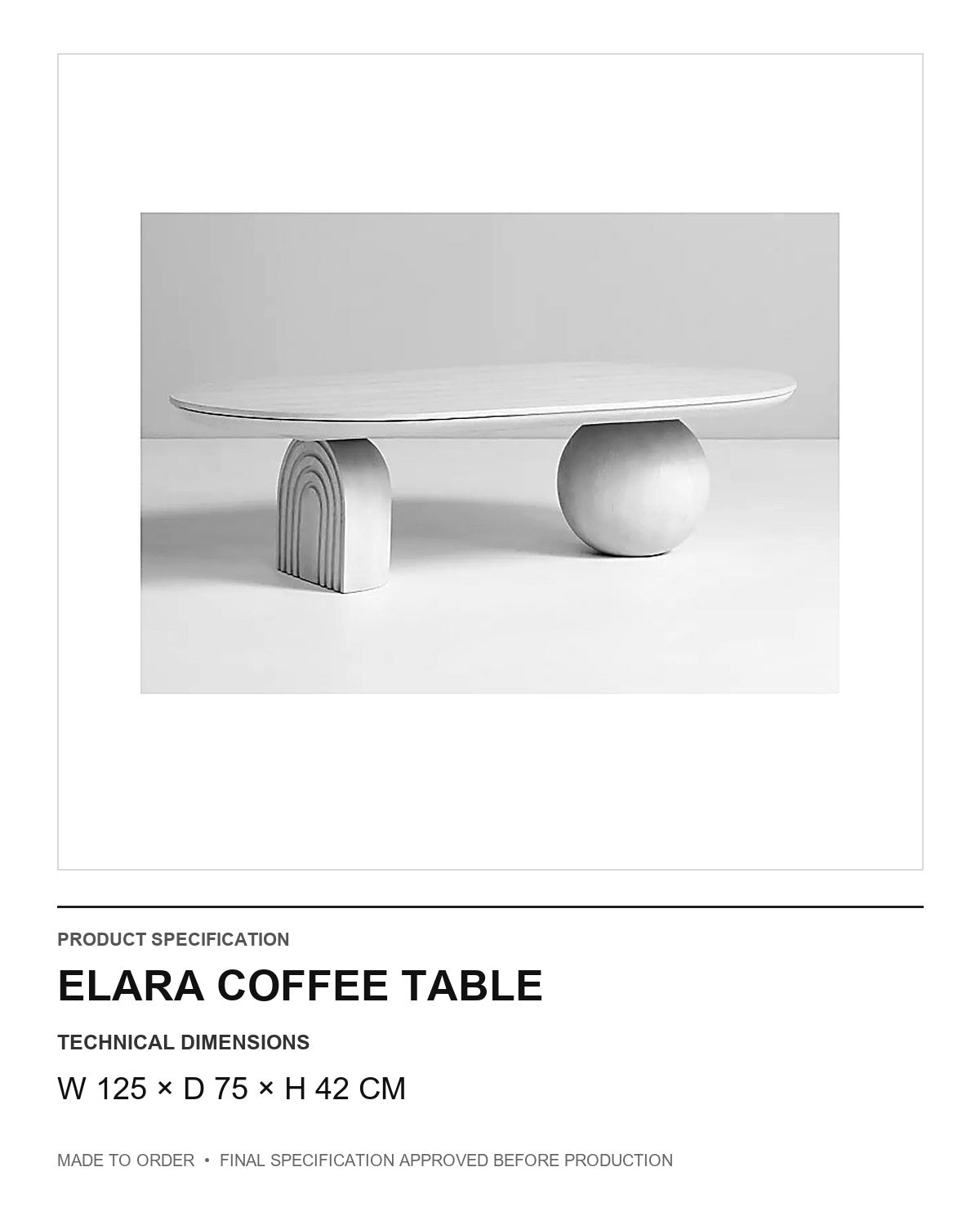 Elara Coffee Table — technical dimensions — uniform technical card v1 (W 125 × D 75 × H 42 cm)