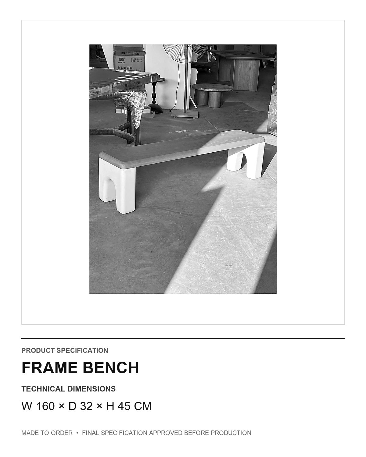 Frame Bench — technical dimensions — uniform technical card v1 (W 160 × D 32 × H 45 cm)