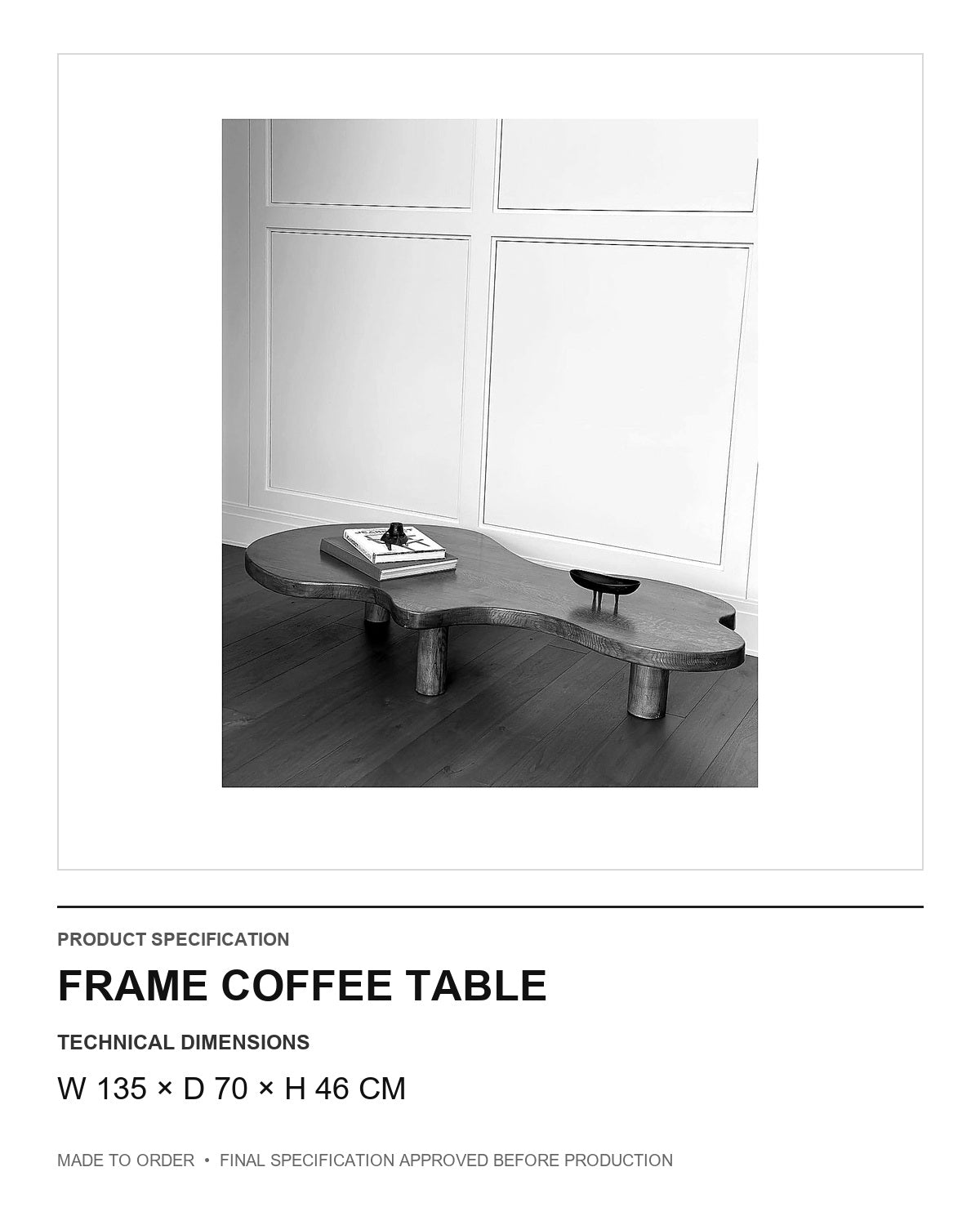 Frame Coffee Table — technical dimensions — uniform technical card v1 (W 135 × D 70 × H 46 cm)