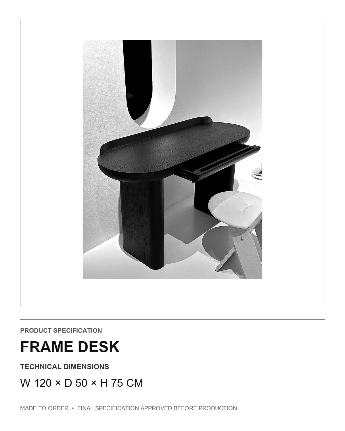 Frame Desk — technical dimensions — uniform technical card v1 (W 120 × D 50 × H 75 cm)