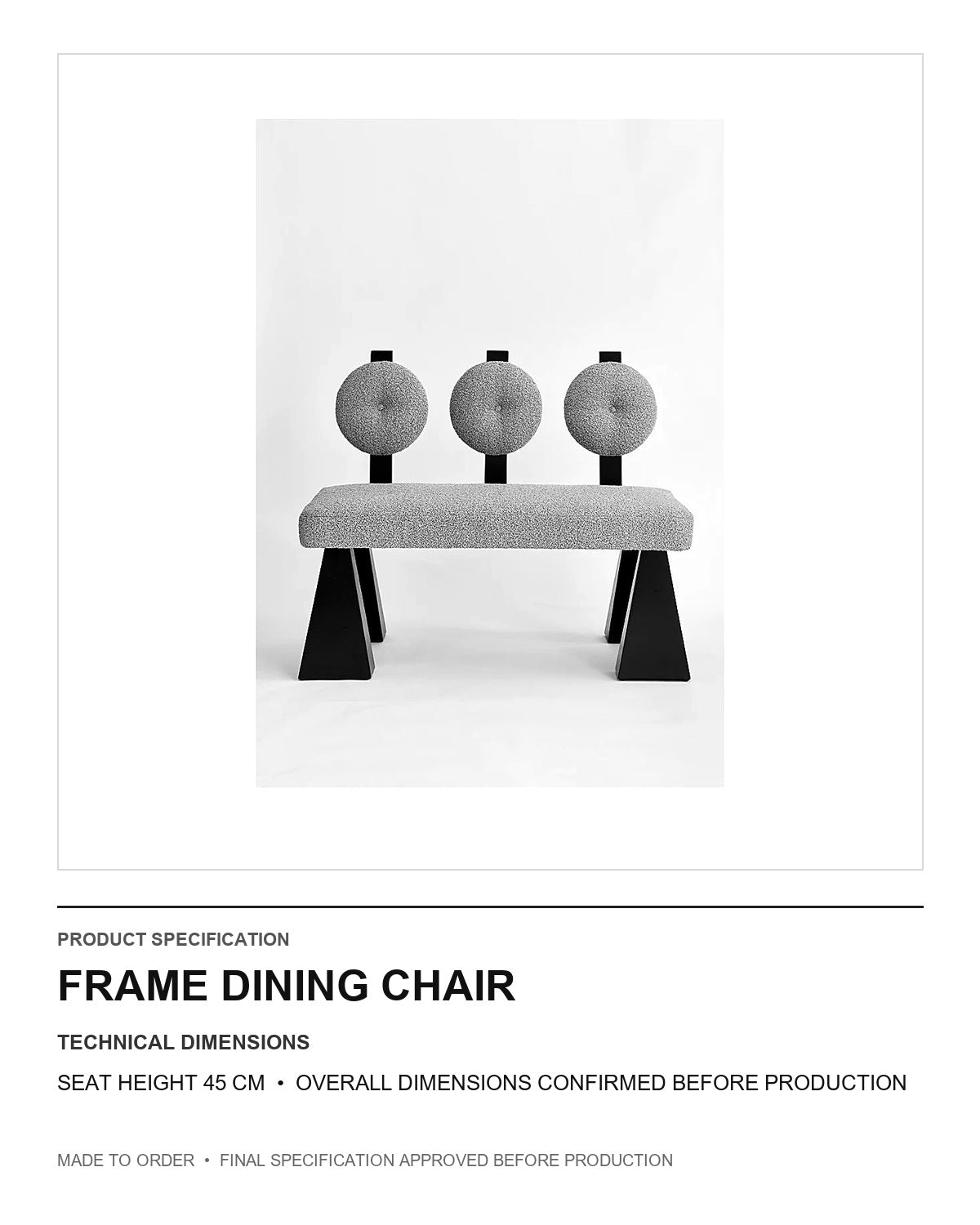Frame Dining Chair — technical dimensions — uniform technical card v1 (Standard size — seat height 45 cm; final overall dimensions confirmed before production)