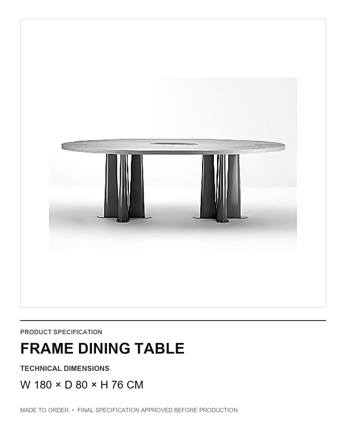Frame Dining Table — technical dimensions — uniform technical card v1 (W 180 × D 80 × H 76 cm)