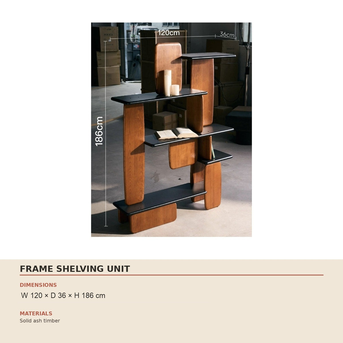 Frame Shelving Unit — technical dimensions (W 120 × D 36 × H 186 cm)
