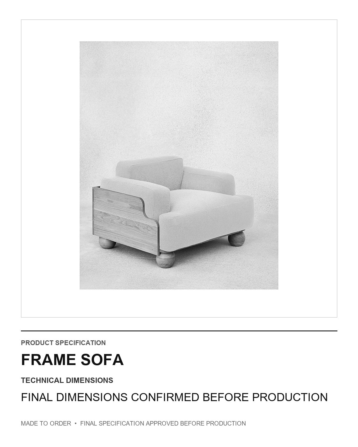 Frame Sofa — technical dimensions — uniform technical card v1 (Standard size — final dimensions confirmed before production)