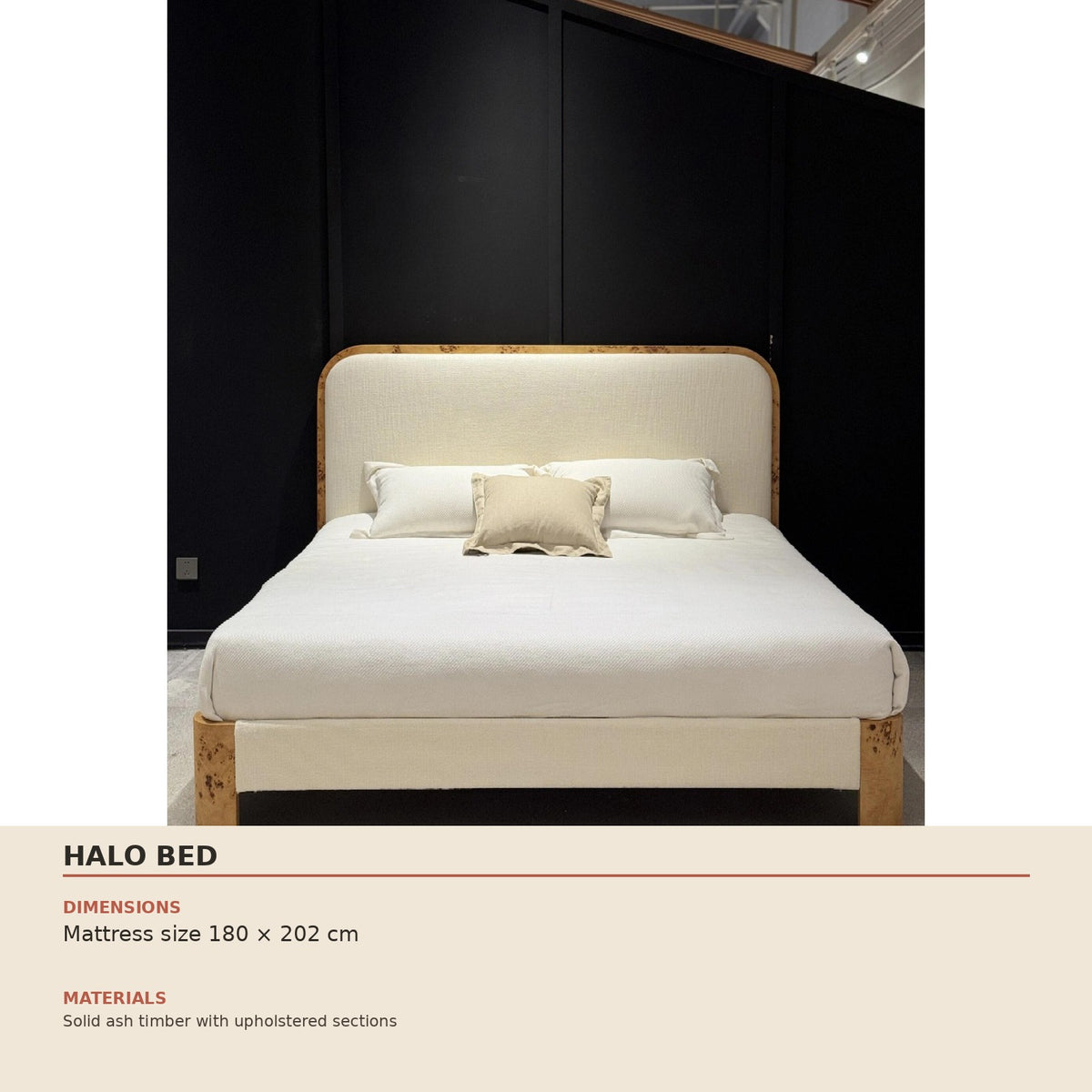 Halo Bed — technical dimensions (Mattress size 180 × 202 cm)