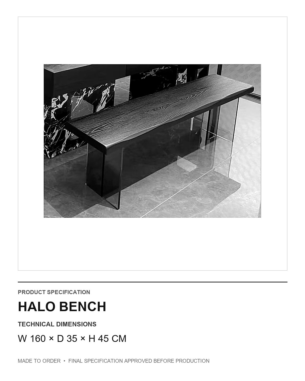 Halo Bench — technical dimensions — uniform technical card v1 (W 160 × D 35 × H 45 cm)