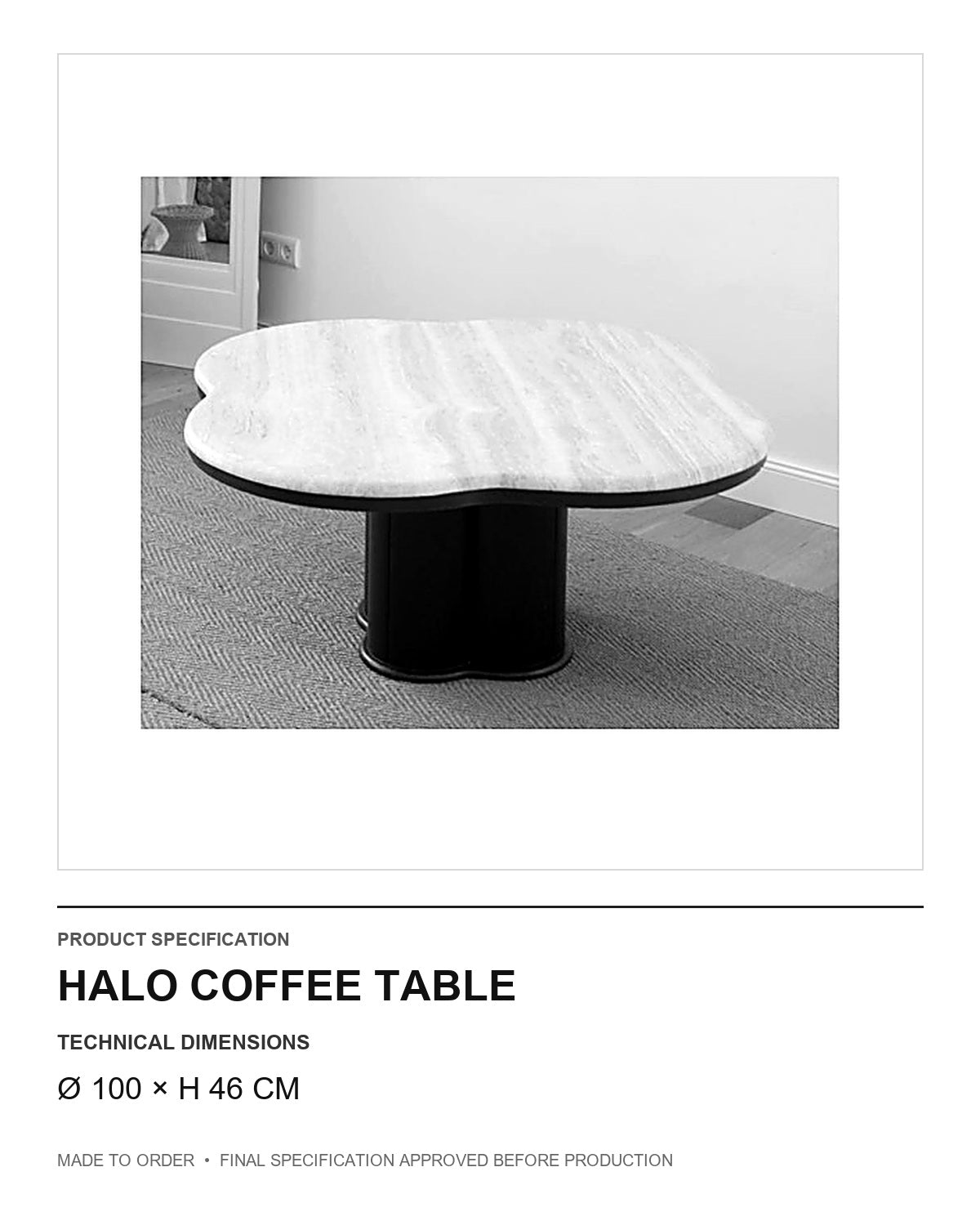 Halo Coffee Table — technical dimensions — uniform technical card v1 (Ø 100 × H 46 cm)