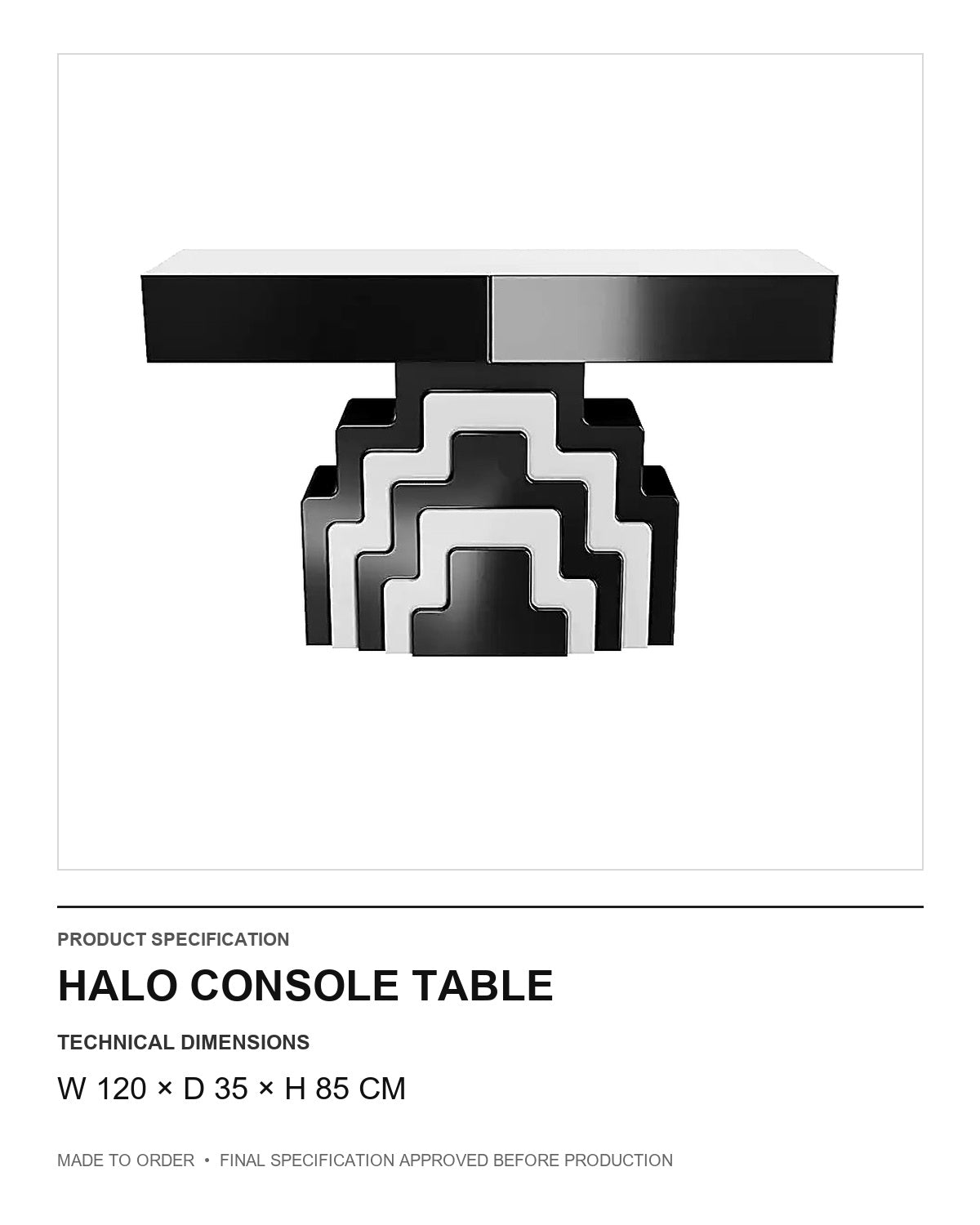 Halo Console Table — technical dimensions — uniform technical card v1 (W 120 × D 35 × H 85 cm)