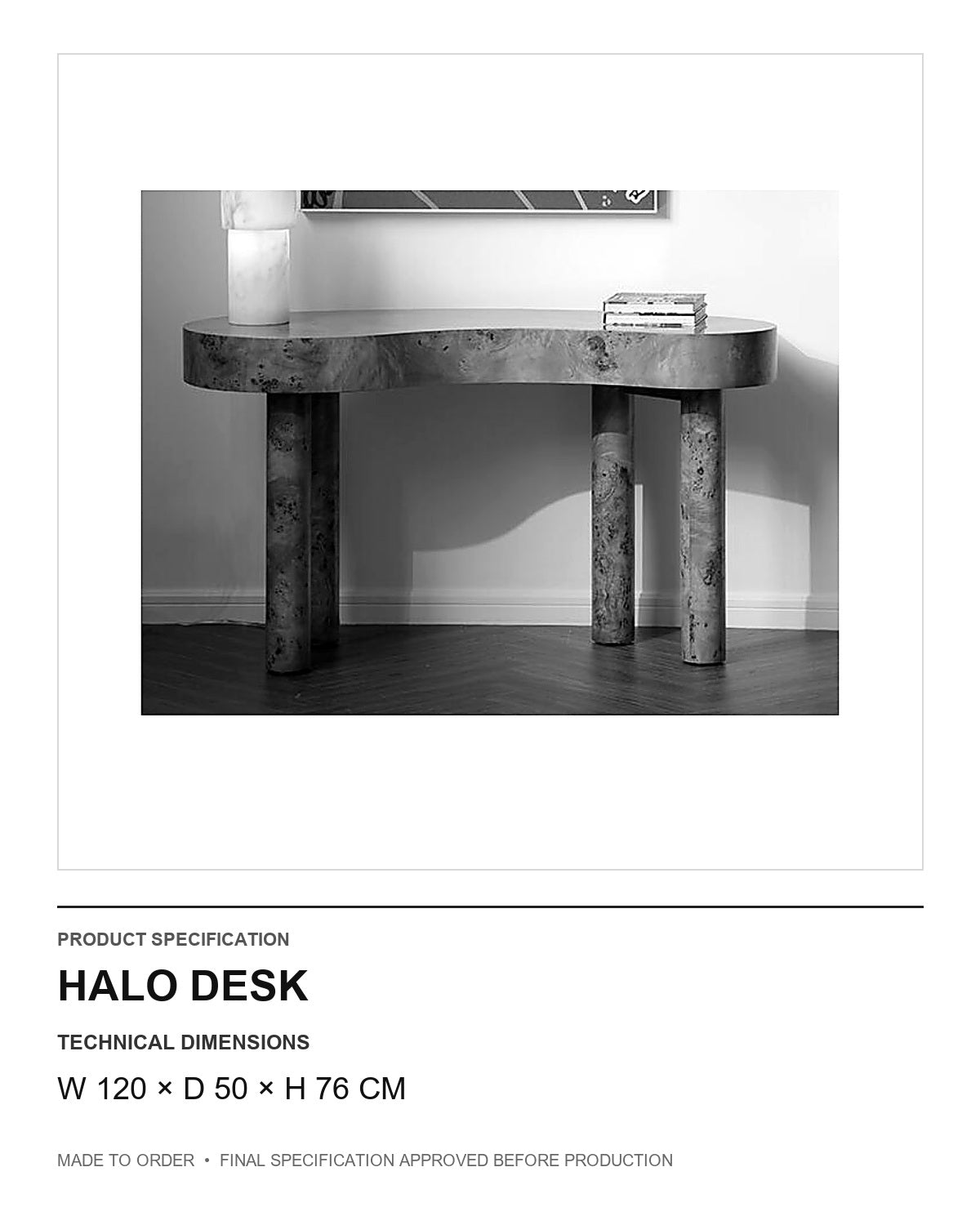 Halo Desk — technical dimensions — uniform technical card v1 (W 120 × D 50 × H 76 cm)