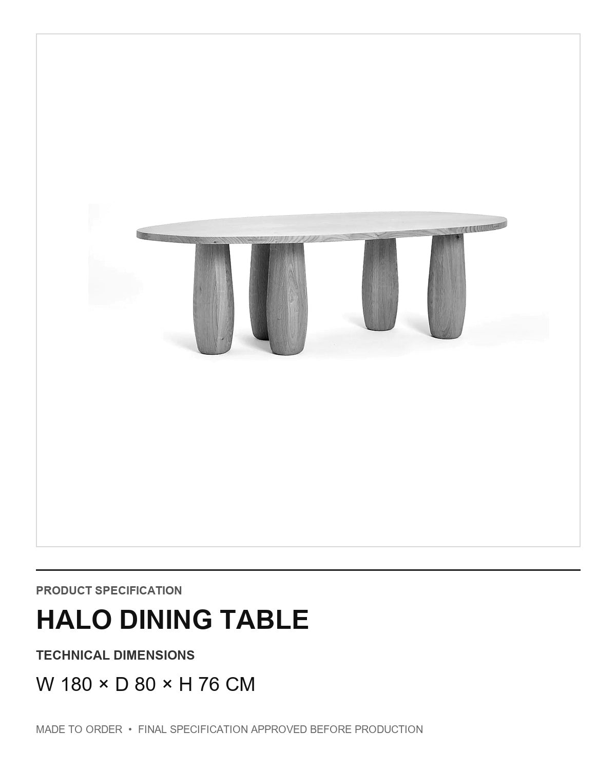 Halo Dining Table — technical dimensions — uniform technical card v1 (W 180 × D 80 × H 76 cm)