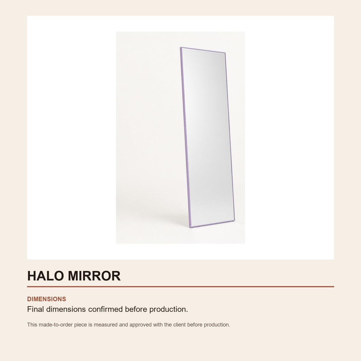 Halo Mirror — technical dimensions (Standard size — final dimensions confirmed before production)