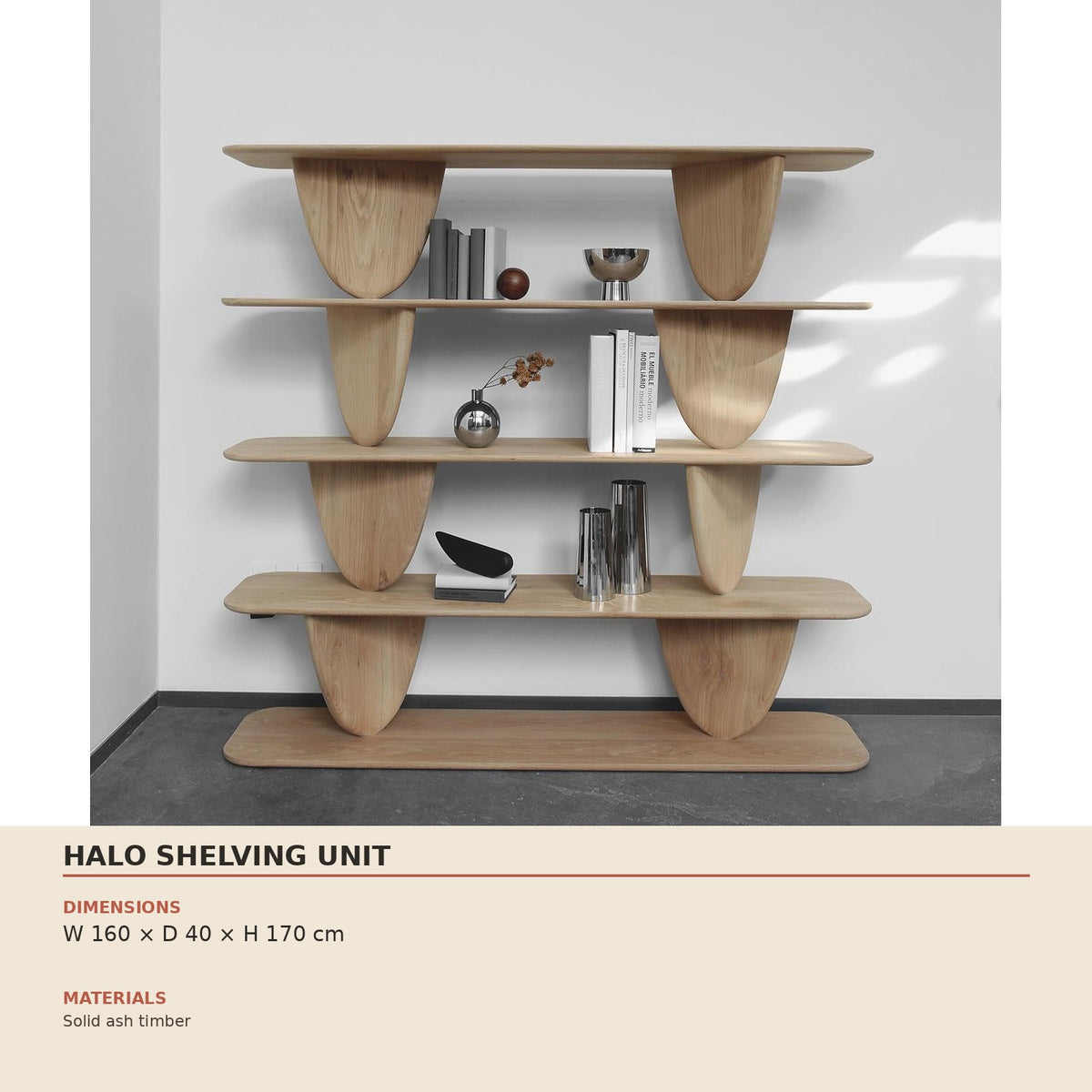 Halo Shelving Unit — technical dimensions (W 160 × D 40 × H 170 cm)