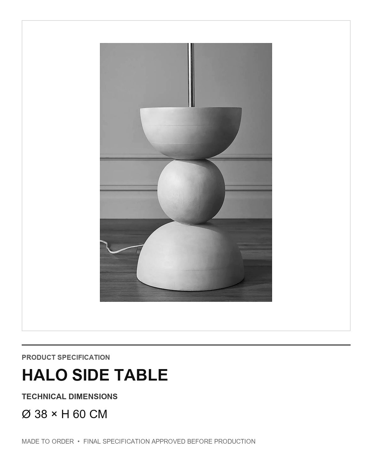 Halo Side Table — technical dimensions — uniform technical card v1 (Ø 38 × H 60 cm)