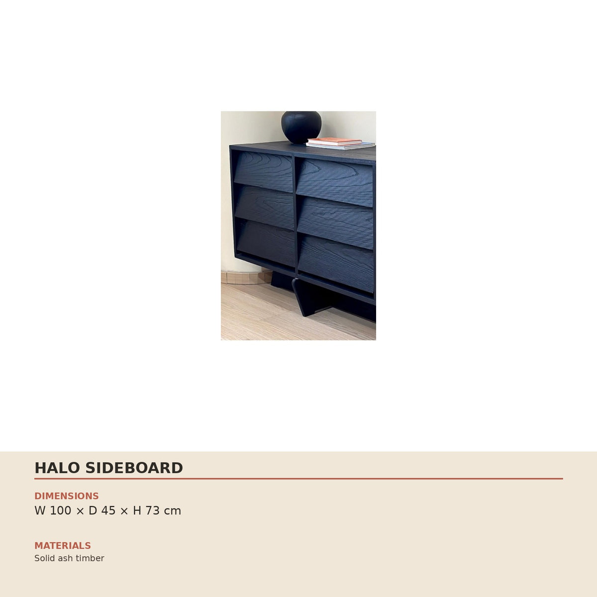 Halo Sideboard — technical dimensions (W 100 × D 45 × H 73 cm)