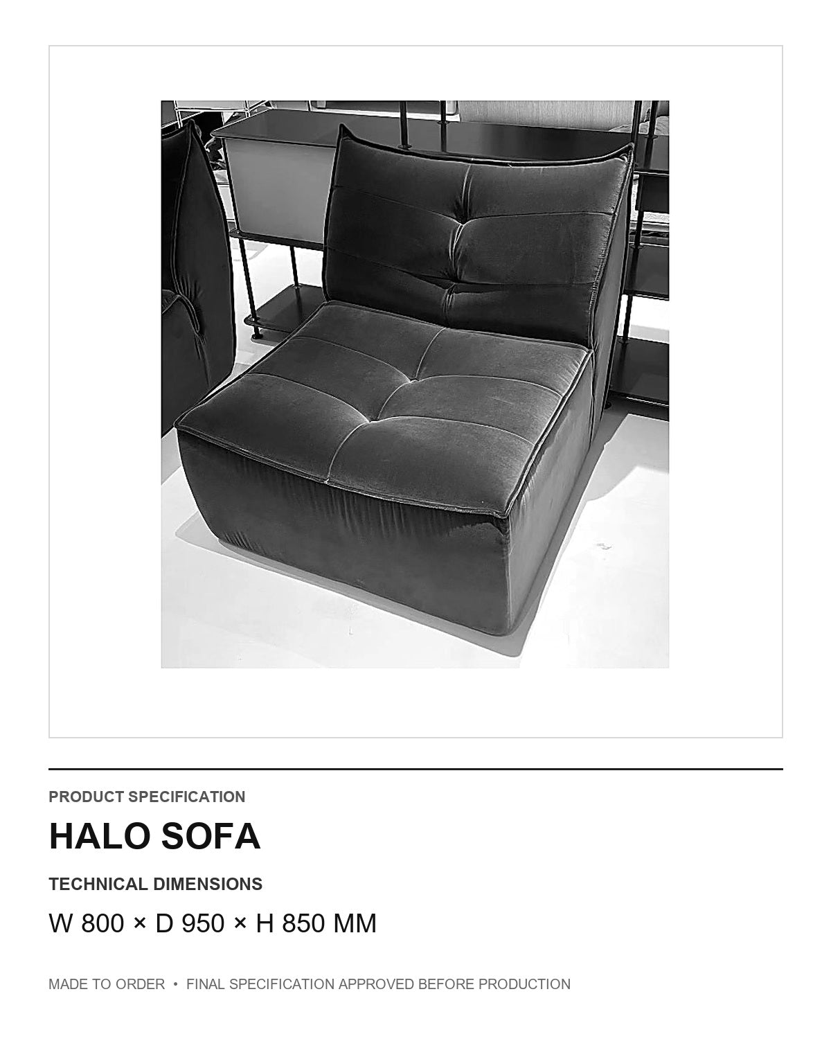 Halo Sofa — technical dimensions — uniform technical card v1 (W 800 × D 950 × H 850 mm)