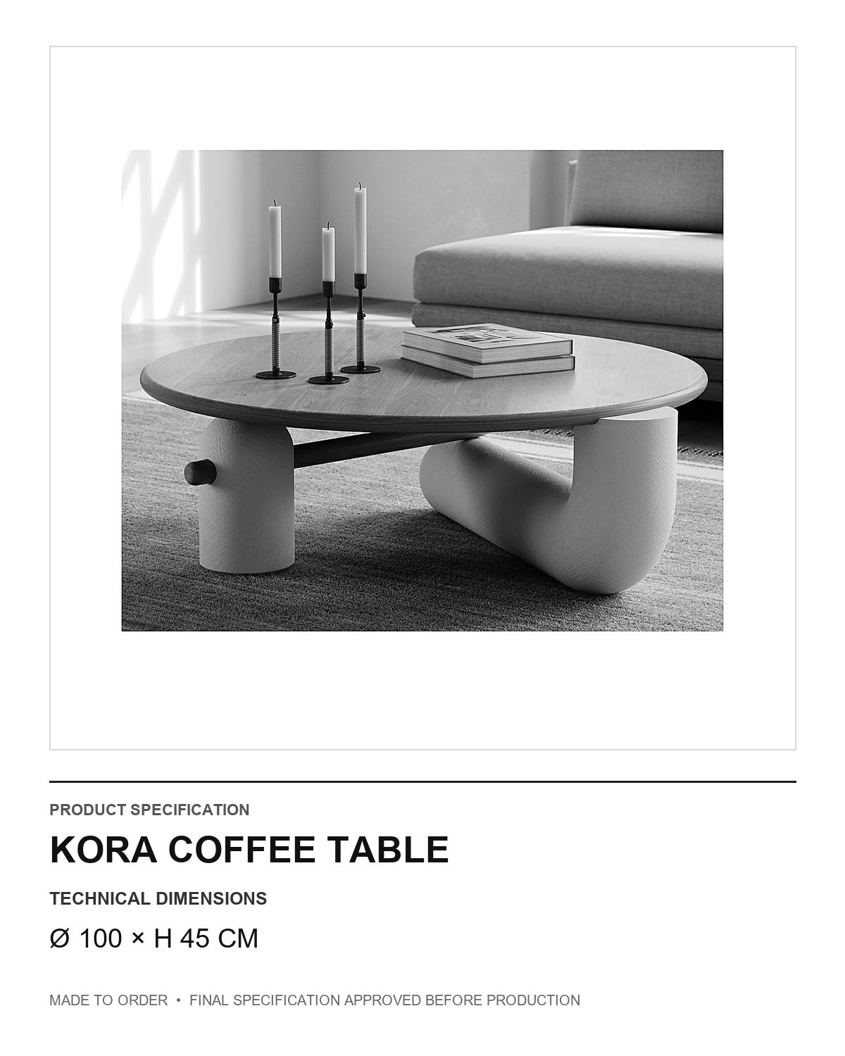 Kora Coffee Table — technical dimensions — uniform technical card v1 (Ø 100 × H 45 cm)