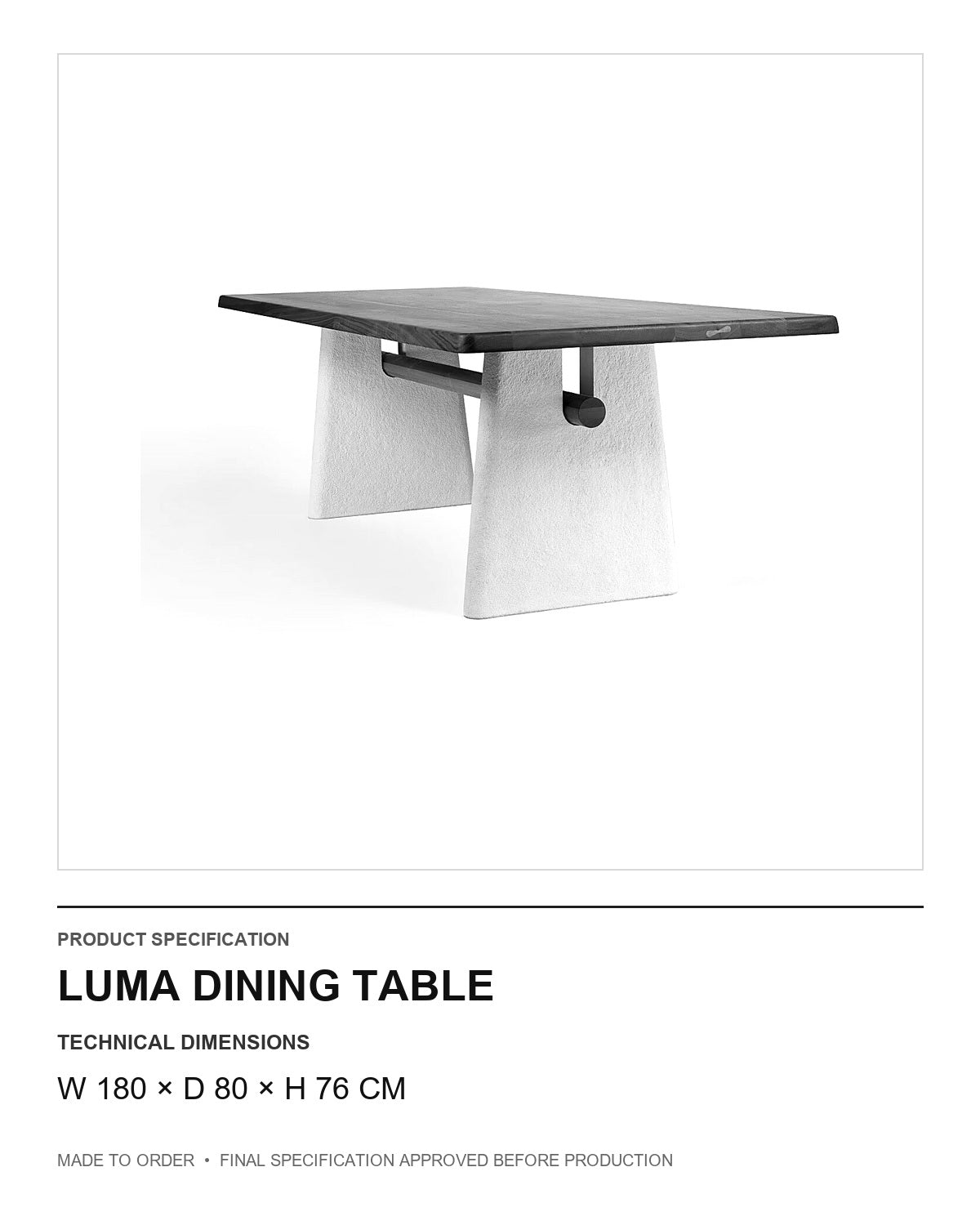 Luma Dining Table — technical dimensions — uniform technical card v1 (W 180 × D 80 × H 76 cm)