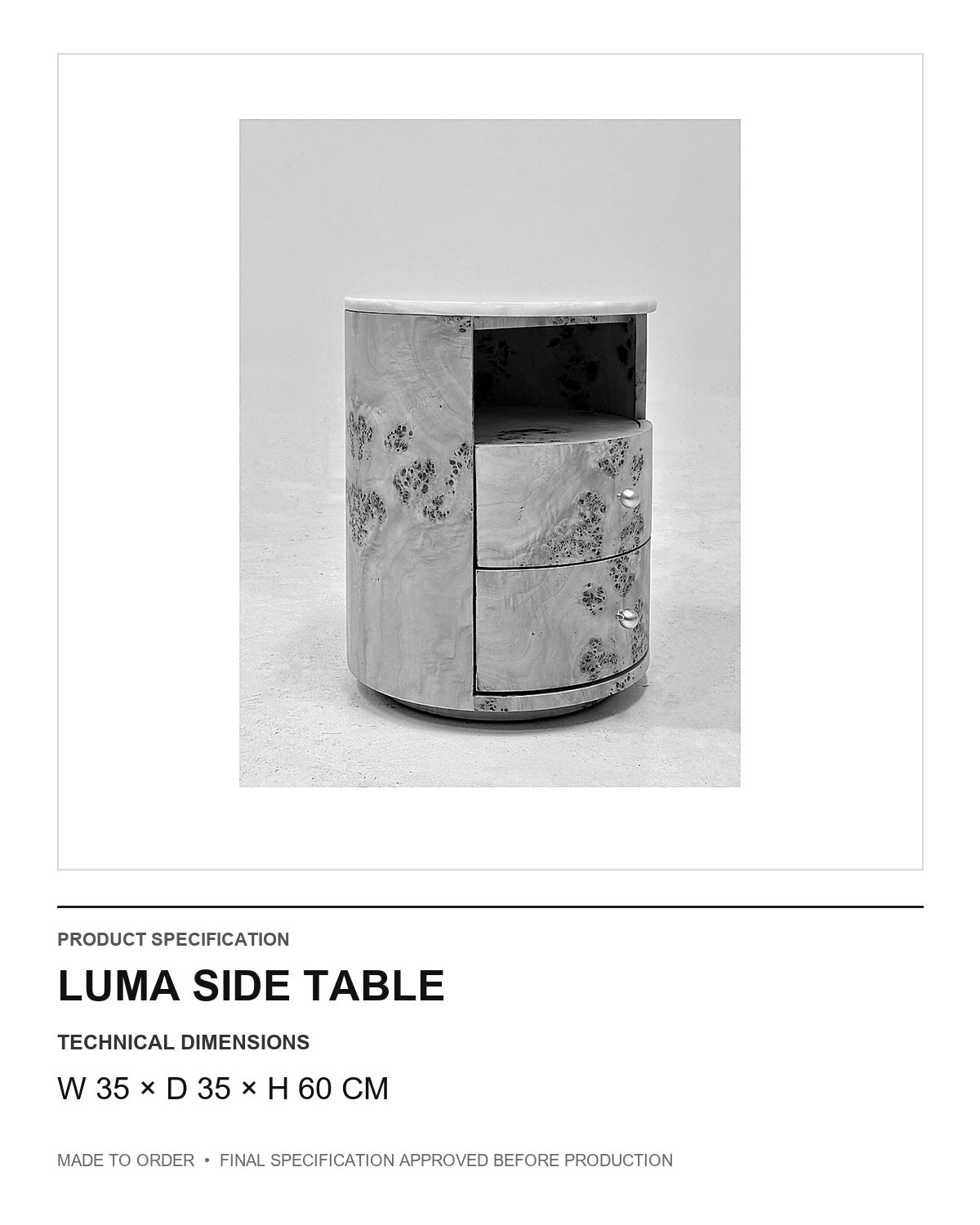 Luma Side Table — technical dimensions — uniform technical card v1 (W 35 × D 35 × H 60 cm)