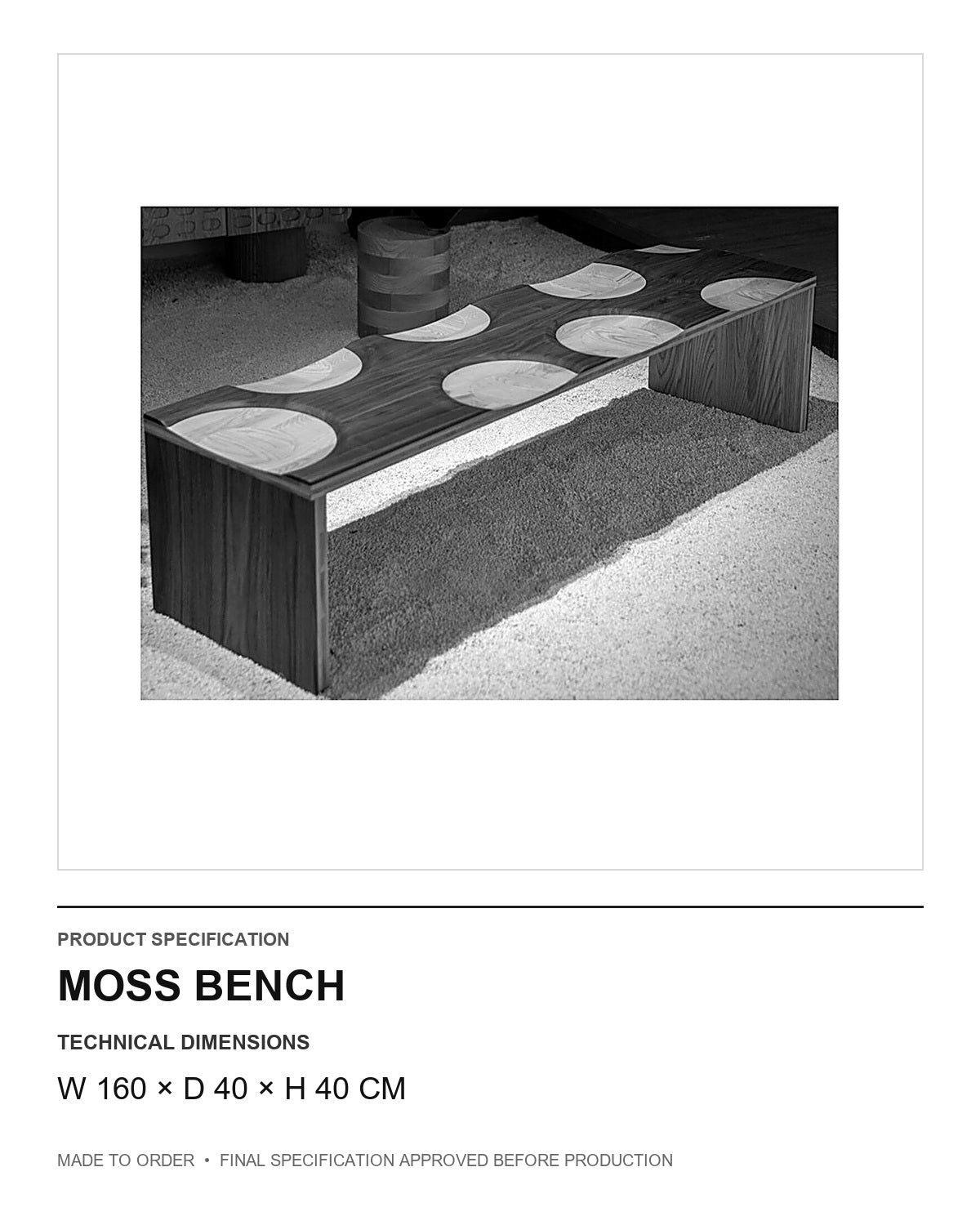 Moss Bench — technical dimensions — uniform technical card v1 (W 160 × D 40 × H 40 cm)